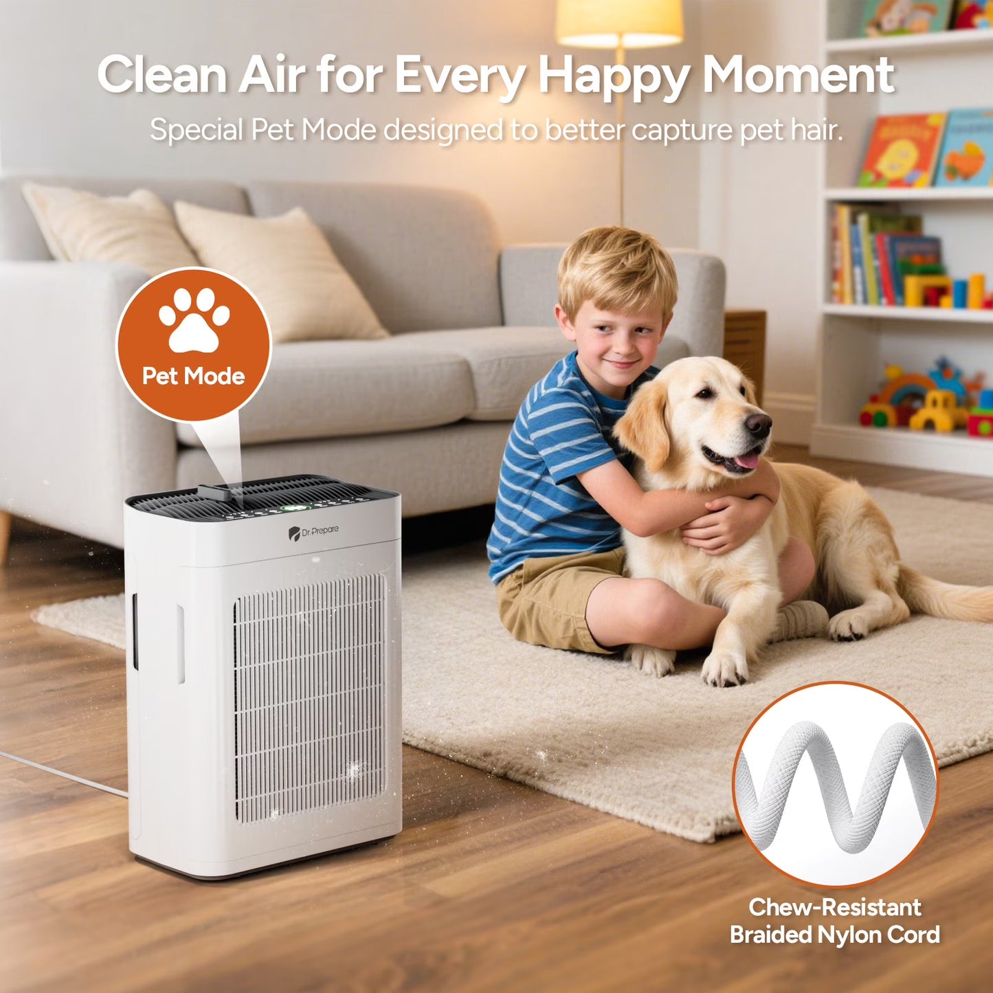 Dr.Prepare DAP01 HEPA Air Purifier for Home, Dual-Side Air Intake, Pet Mode, Smart Air Quality Sensor, Up to 3,000 sq ft