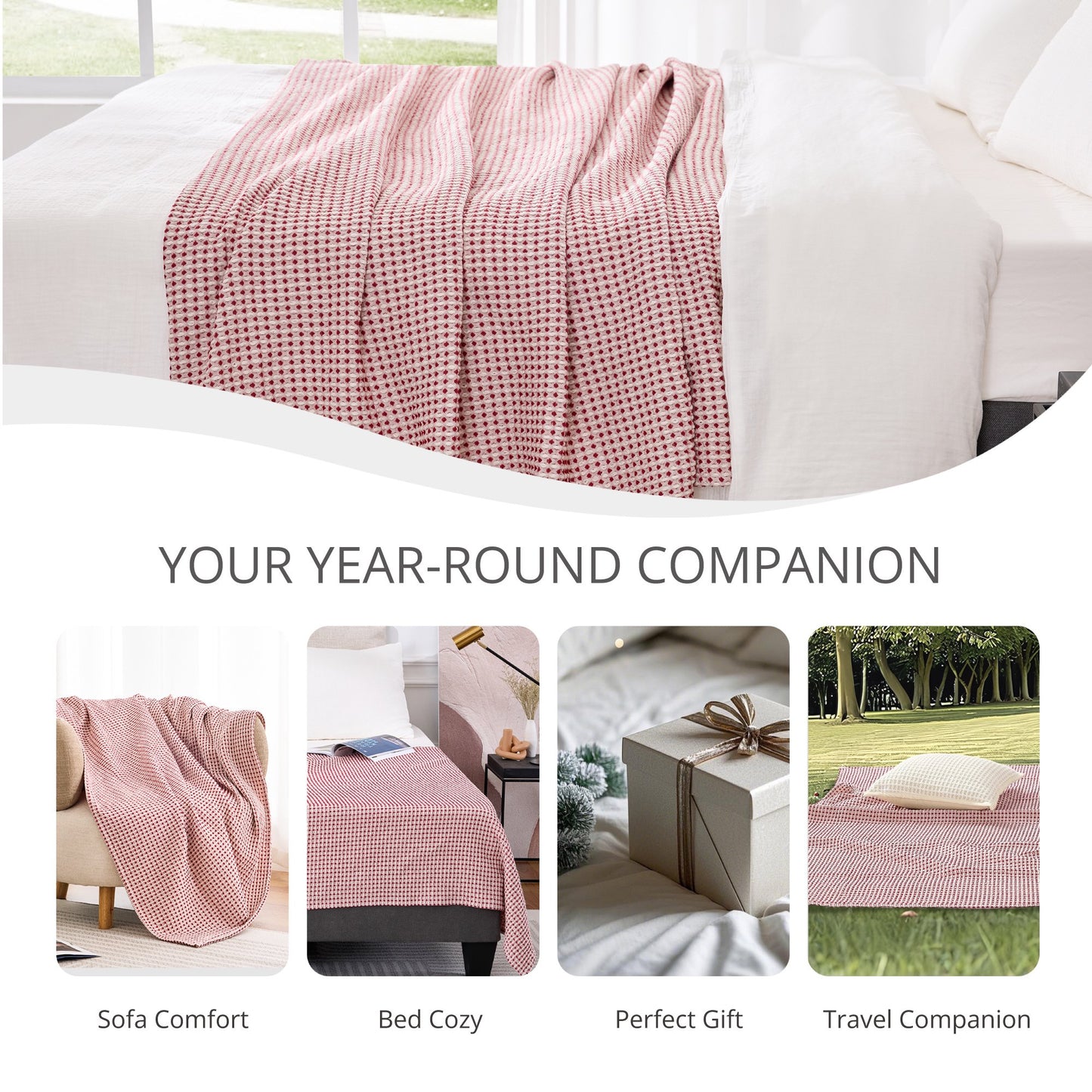 EGOHOME Waffle Blanket-100% Cotton Lightweight Oversize Yarn Dyed Bed Blanket for All Seasons, Tibetan Red Twin