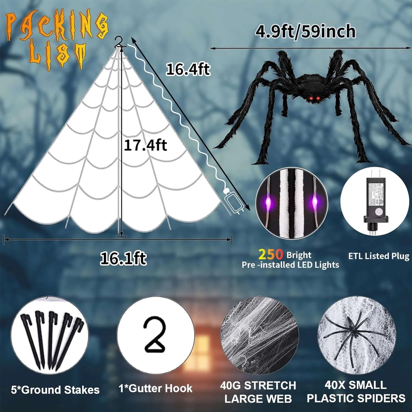 Halloween Spider Web LED Light Up Giant Spiderweb Artificial Spider Halloween Outdoor Decorations with Remote Control for Halloween Party Decor