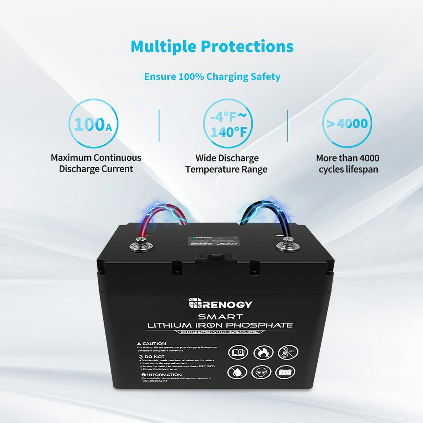 Renogy Smart Lithium-Iron Phosphate Battery 12V 100Ah w/Self-Heating Function for RV, Solar, Marine, and Off-grid Applications