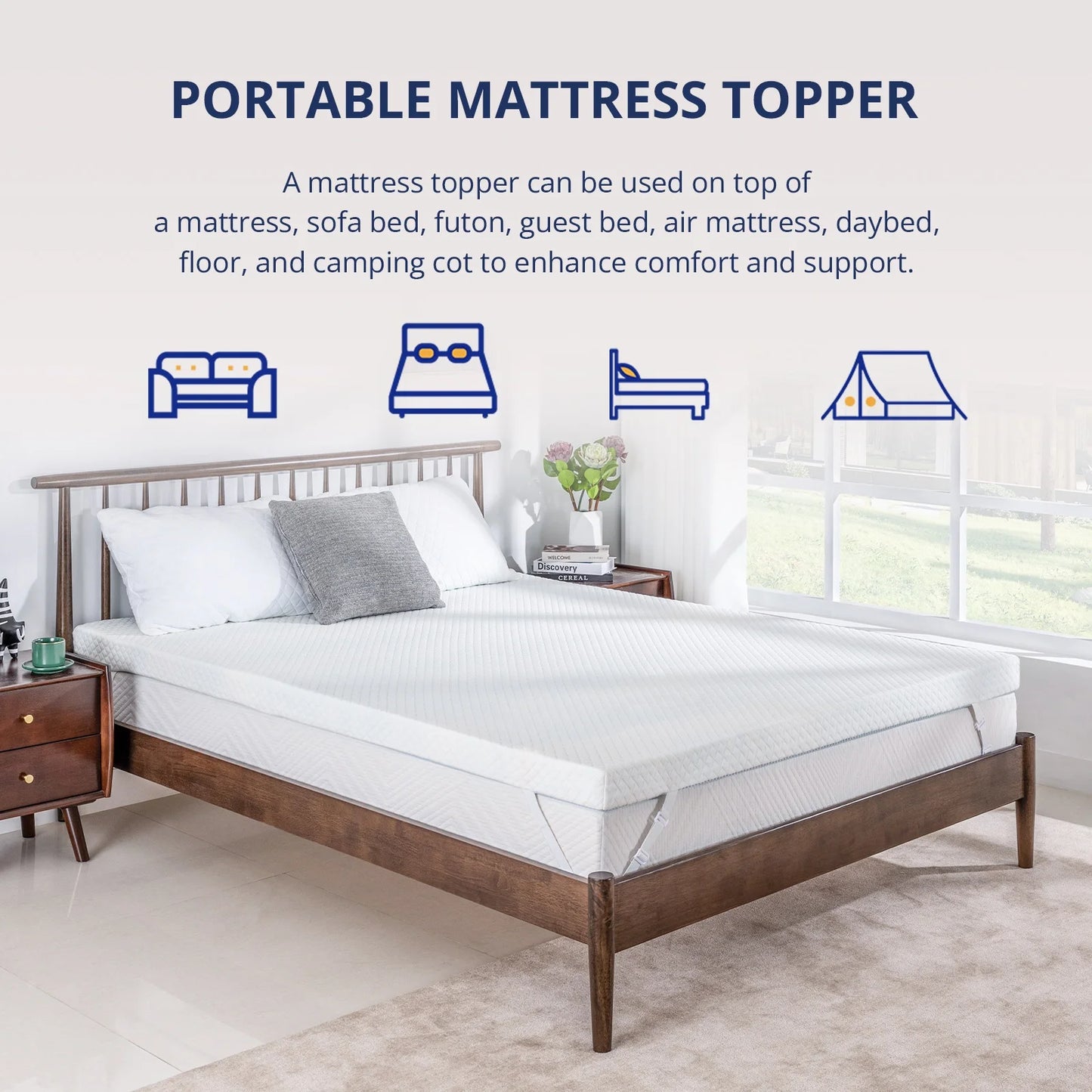 EGOHOME 2 inch Queen Mattress Topper, Cooling Gel Memory Foam Topper with Removable Cover, Non-Slip Design