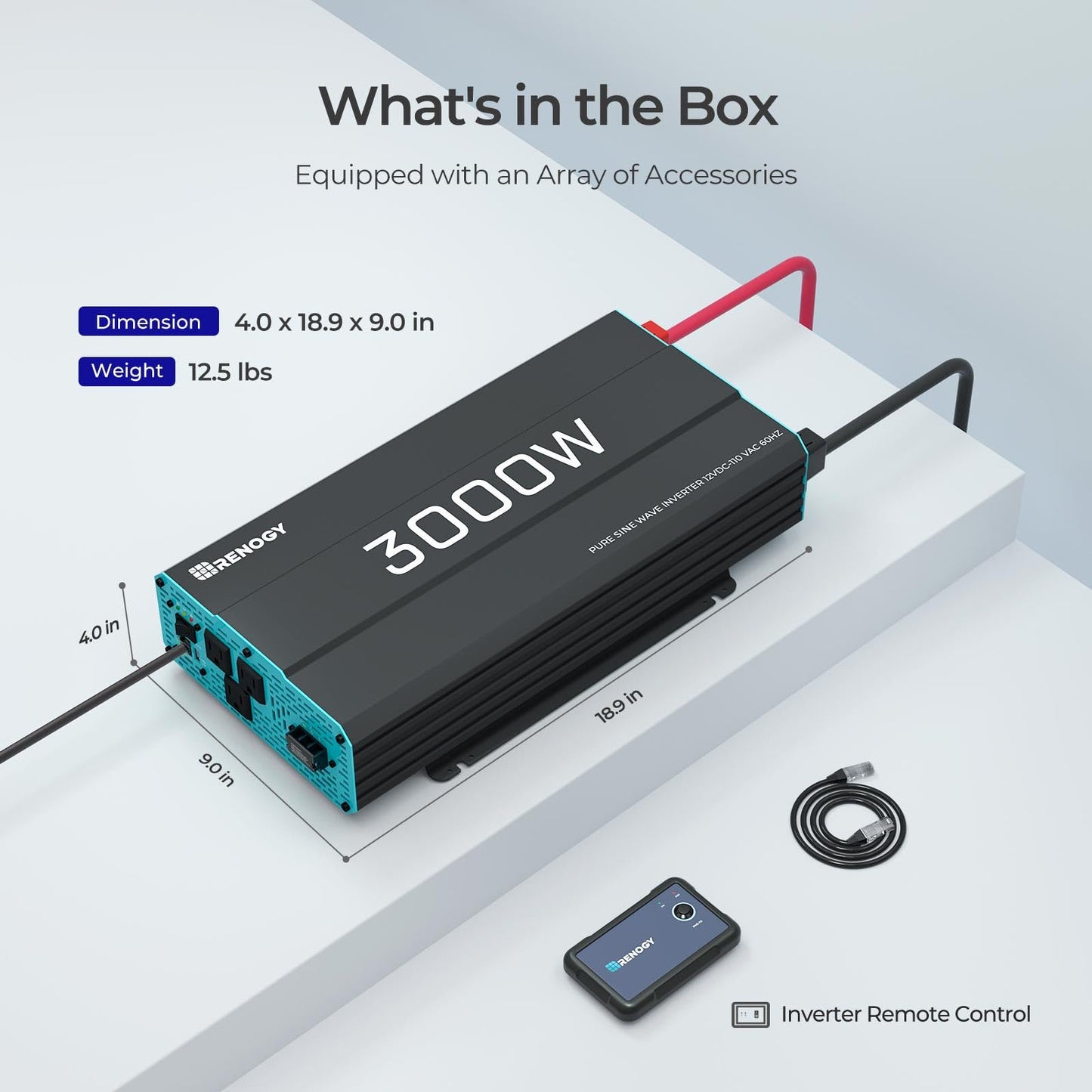 Renogy 3000W Pure Sine Wave Inverter, DC 12V to AC 120V, Built-in 5V/2.1A USB, AC Hardwire Port, 16.4FT Remote Controller
